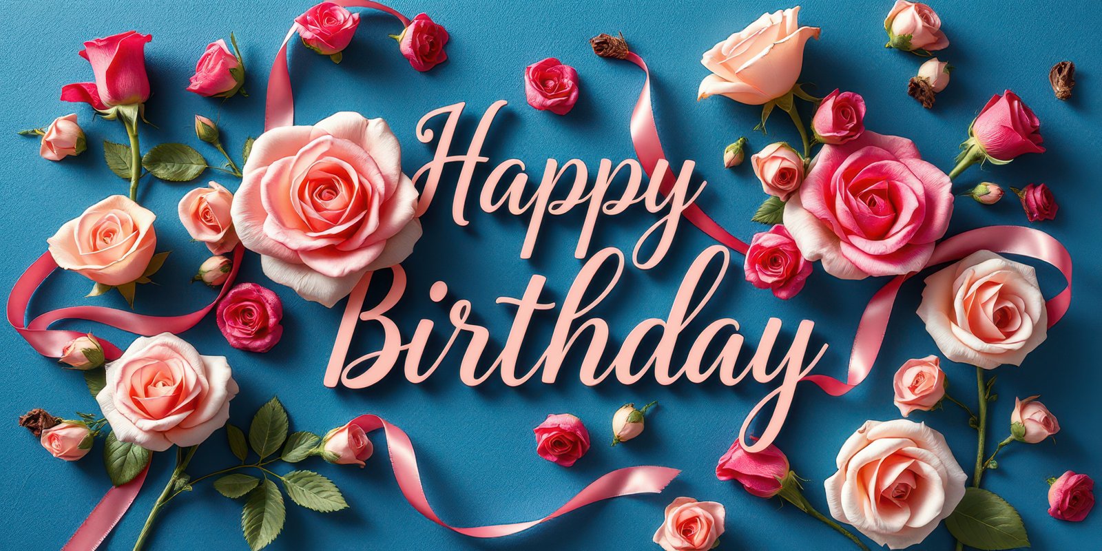 Colorful birthday greeting with roses on blue background featuring a cheerful message of celebration